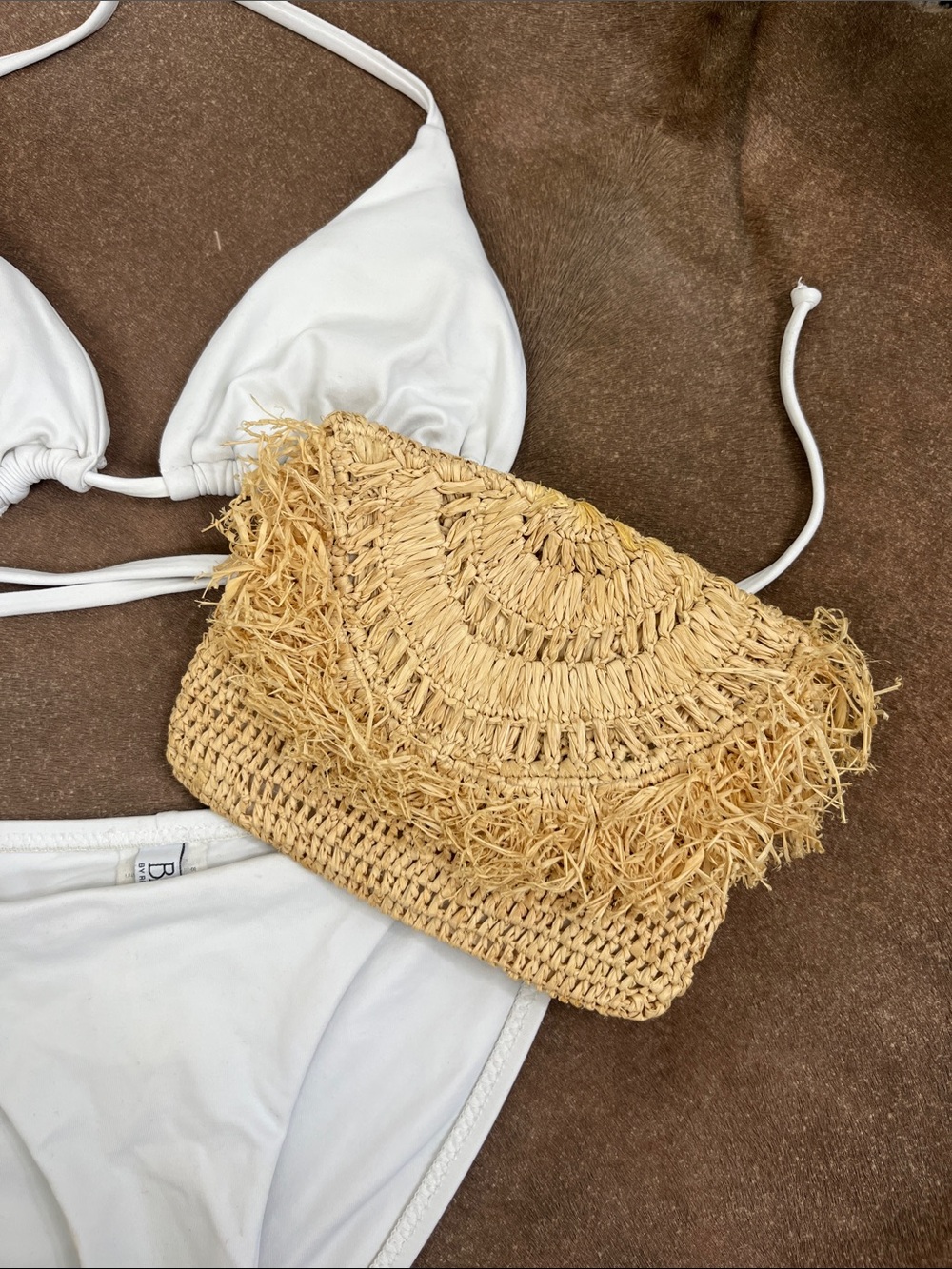 Mar y Sol Natural Mia Clutch Straw Raffia Sunburst Fringe Fold Over
